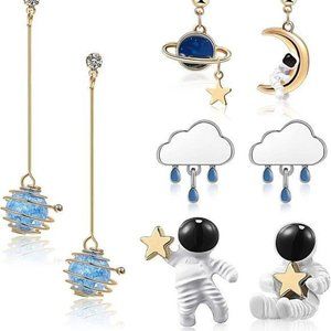 New 4 Pairs Astronaut Stud Earrings Asymmetric Spaceman Star Moon Earrin…